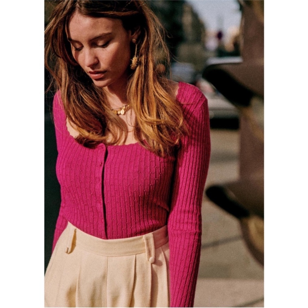 Sezane Ambroise Ribbed Cardigan Fitted Square Neck Bright Plum Pink Size Small